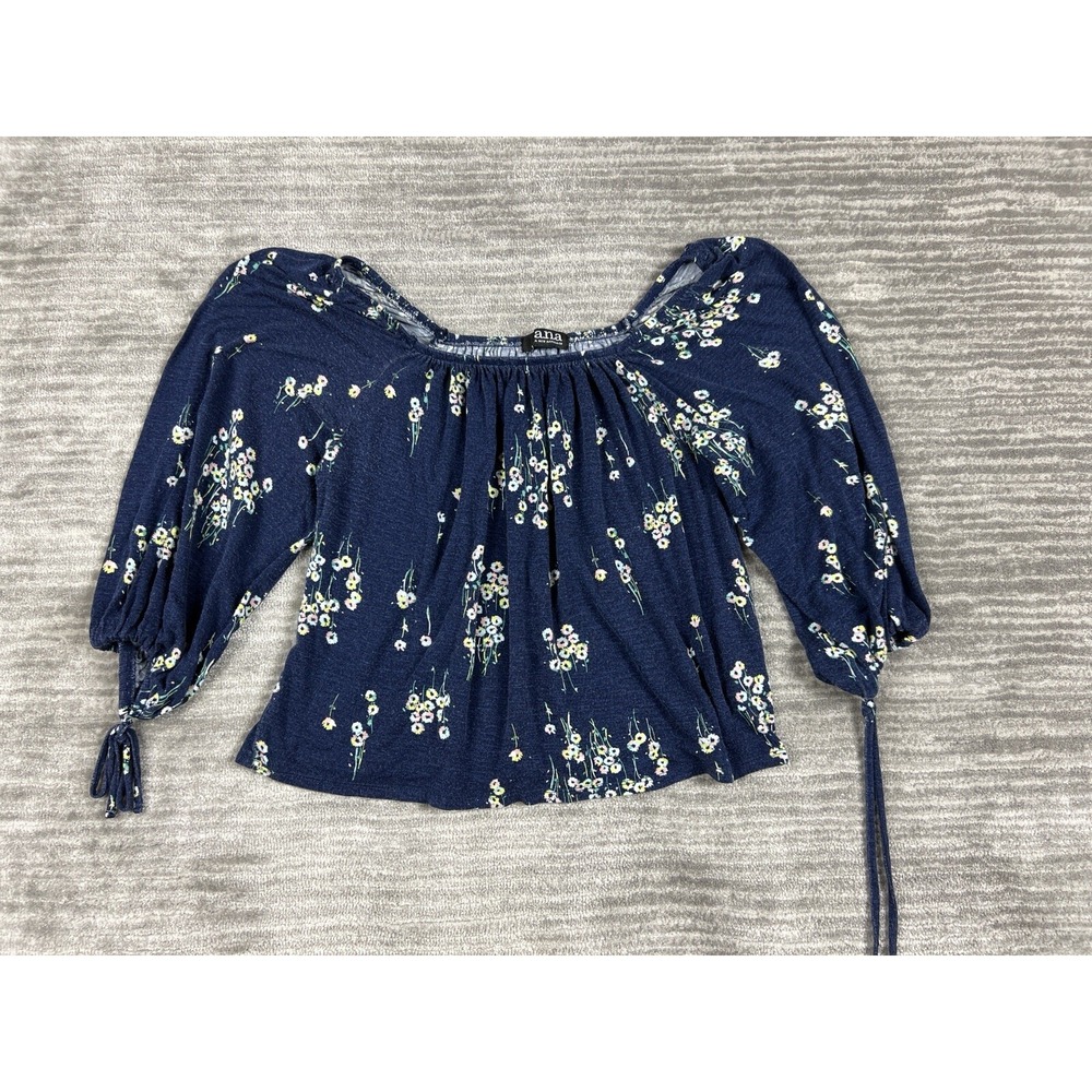 a.n.a Blouse Womens L Navy Blue Floral Off Shoulder Boho Balloon Sleeve Peasant